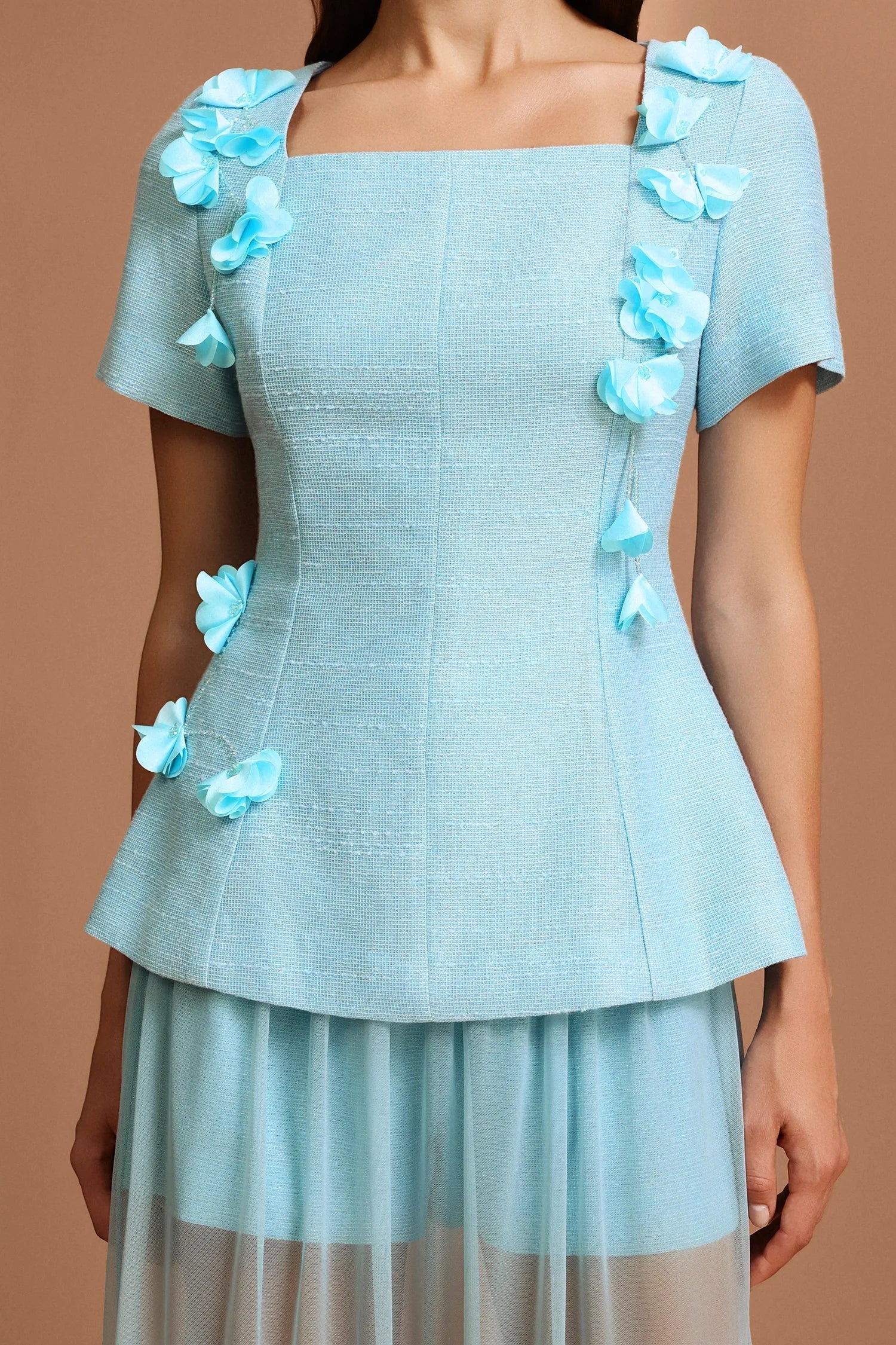 Blue Short Sleeves Flowers Folds Top and Skirt Two-Piece Set