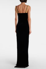 Black Metal Chain Strap Square Neck Maxi Dress