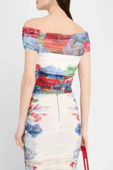 White Off-Shoulder Floral Print Ruched Top Skirt Set