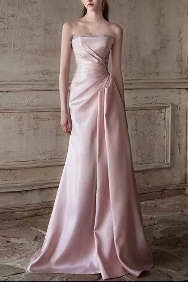 Ruched Beading Pink Prom Dress