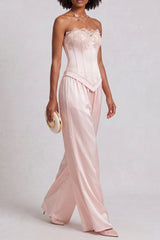Lace Trim Satin Top & Wide Leg Pant Co-ord Set