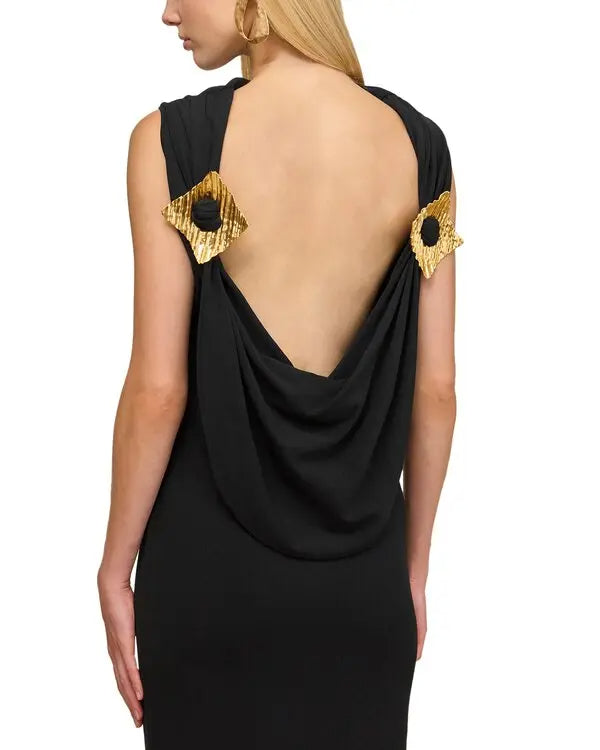 Black Sleeveless Backless Knit Midi Dress with Two Golden Embellishments