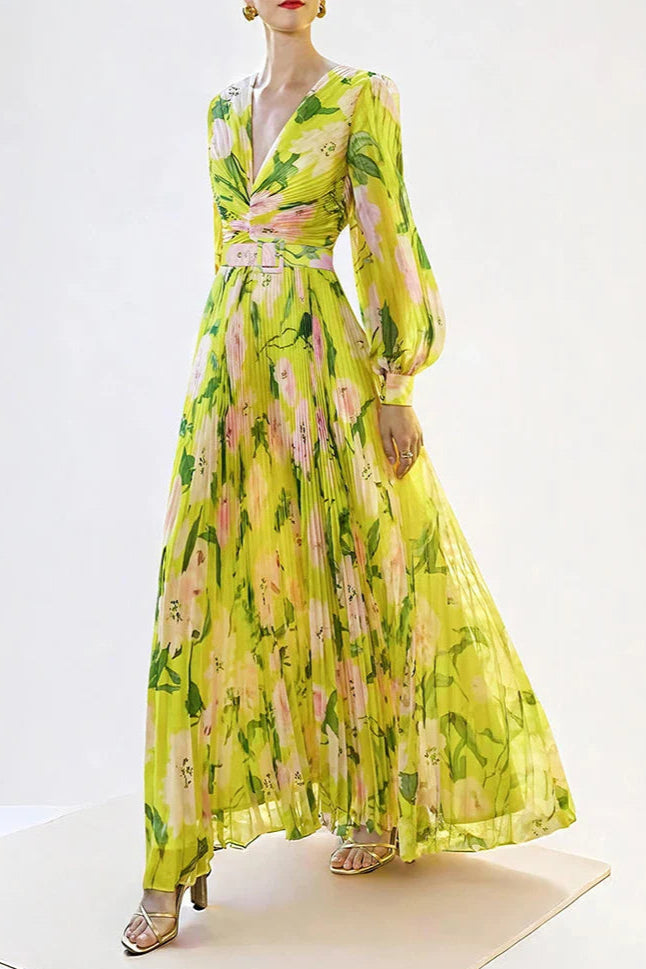 V-Neck Silk Printed Maxi Dress in Yellow