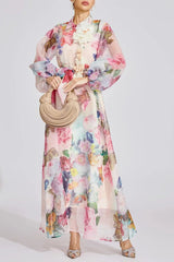 Pink Floral Printed Lantern Sleeve Maxi Dress