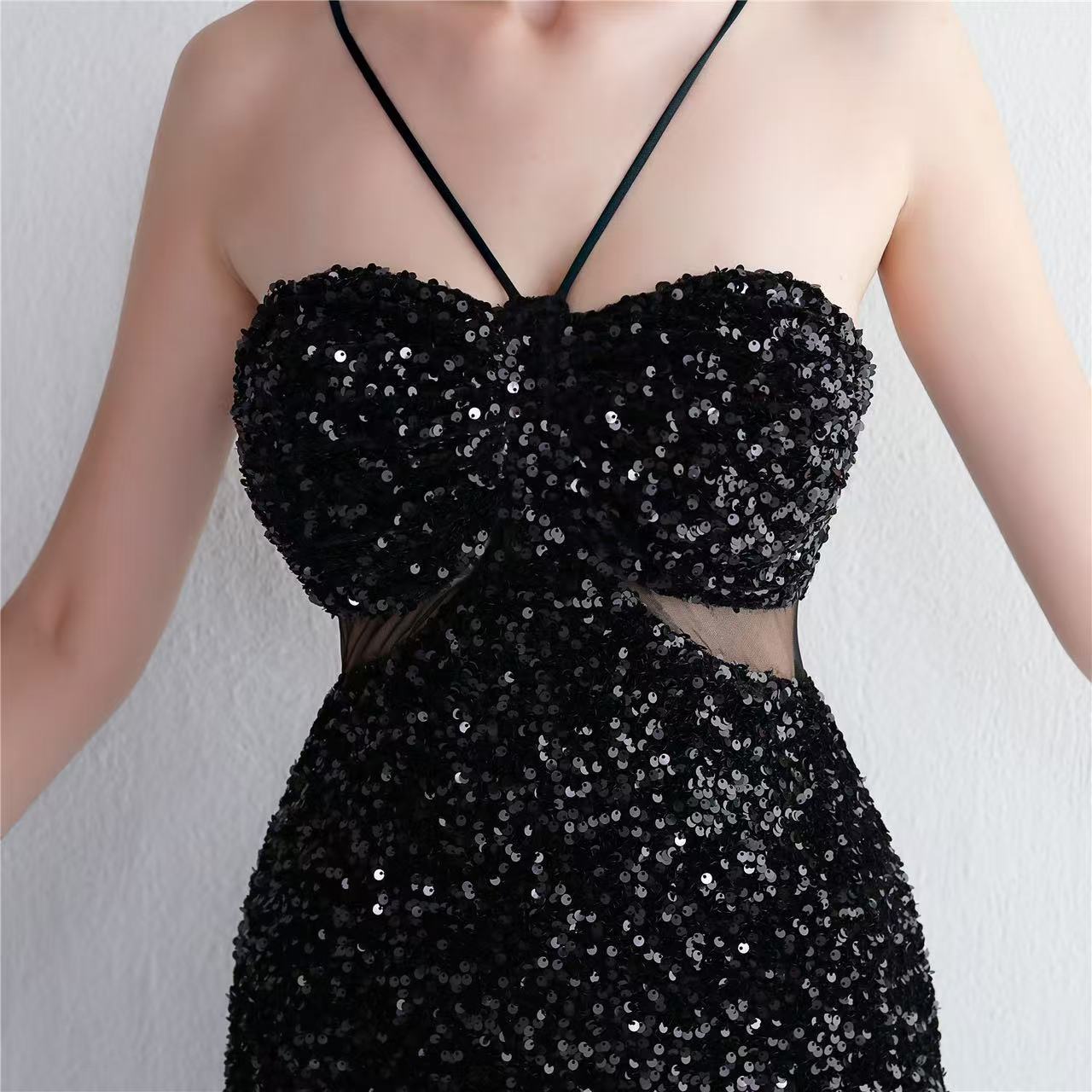 Black Cutout Sequins Halter Maxi Dress