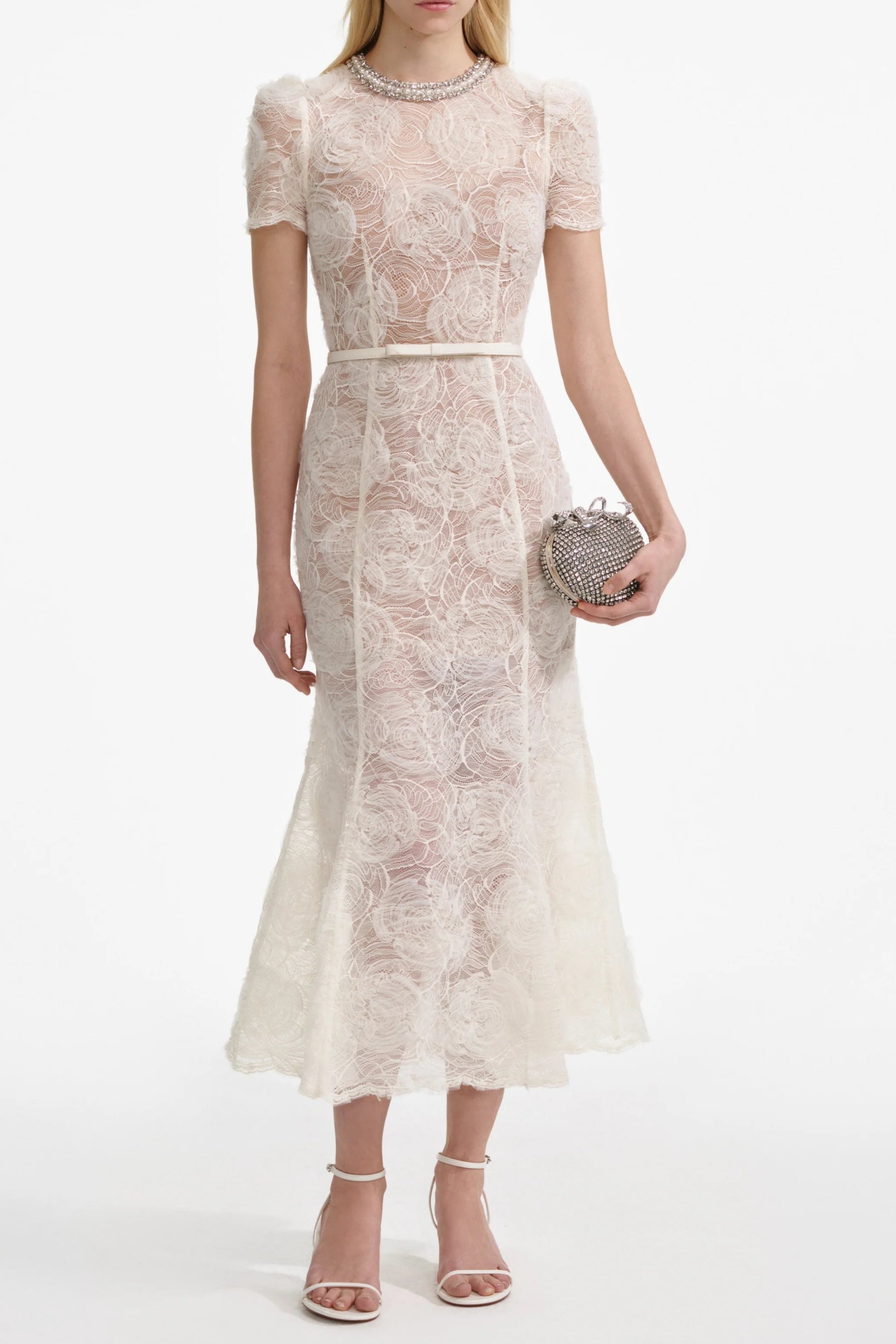 Lace Diamante Midi Dress in Beige