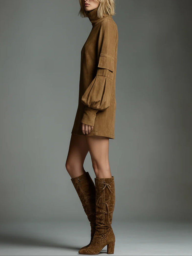Sequin Turtleneck Mini Dress Made of Suede