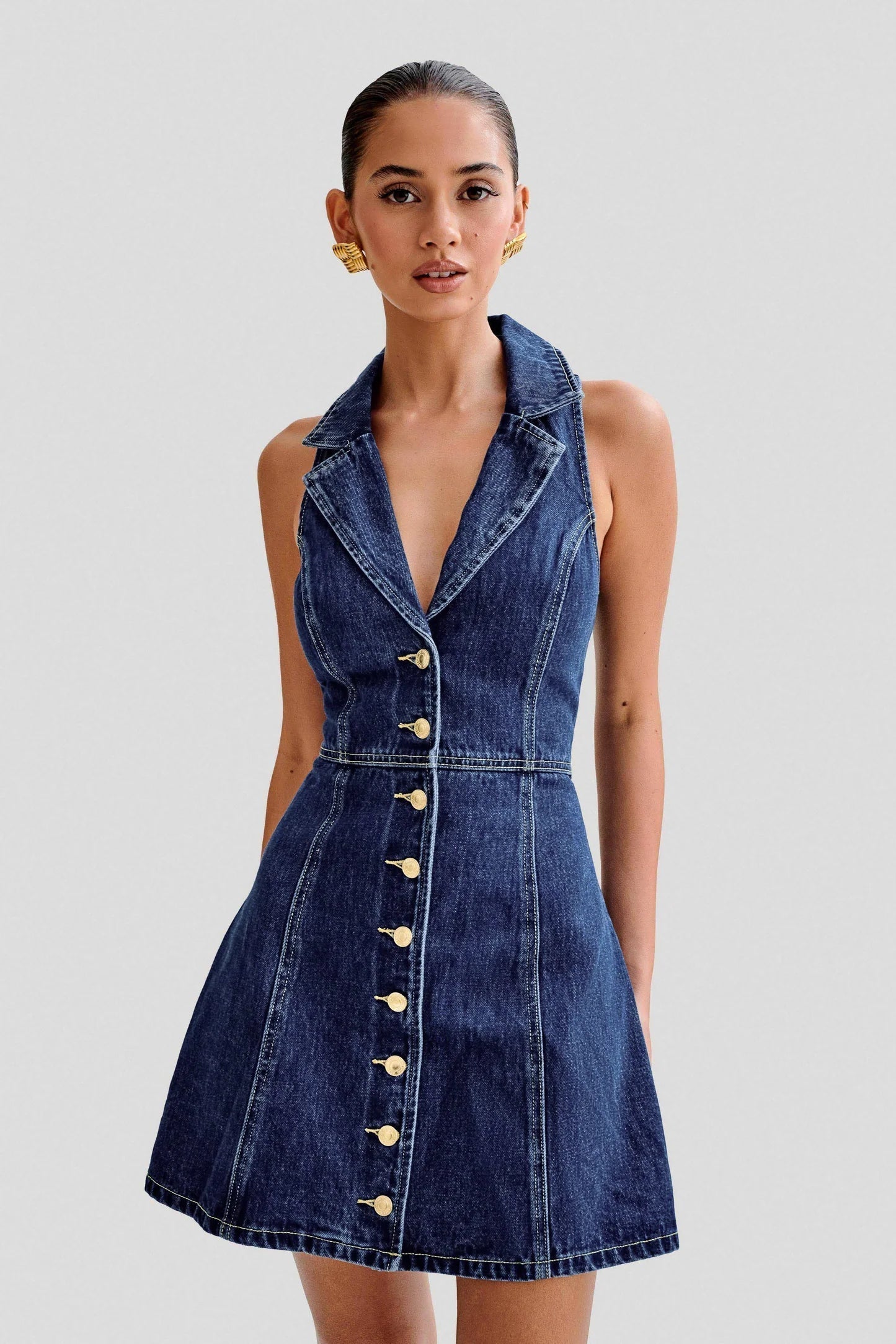 Collared Denim Mini Dress - Dark Blue