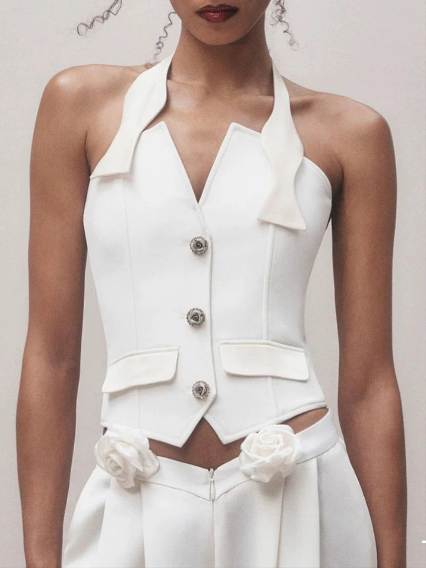 Halter Neck Vest Flower Embellished Pants Suit in Ivory