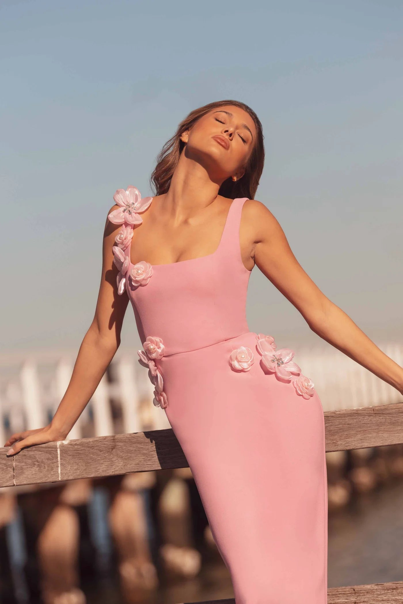 3D Flower Midi Dress in Pink