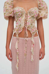 Pink Tie-Drape Shirt with Ruffled Puff Sleeves