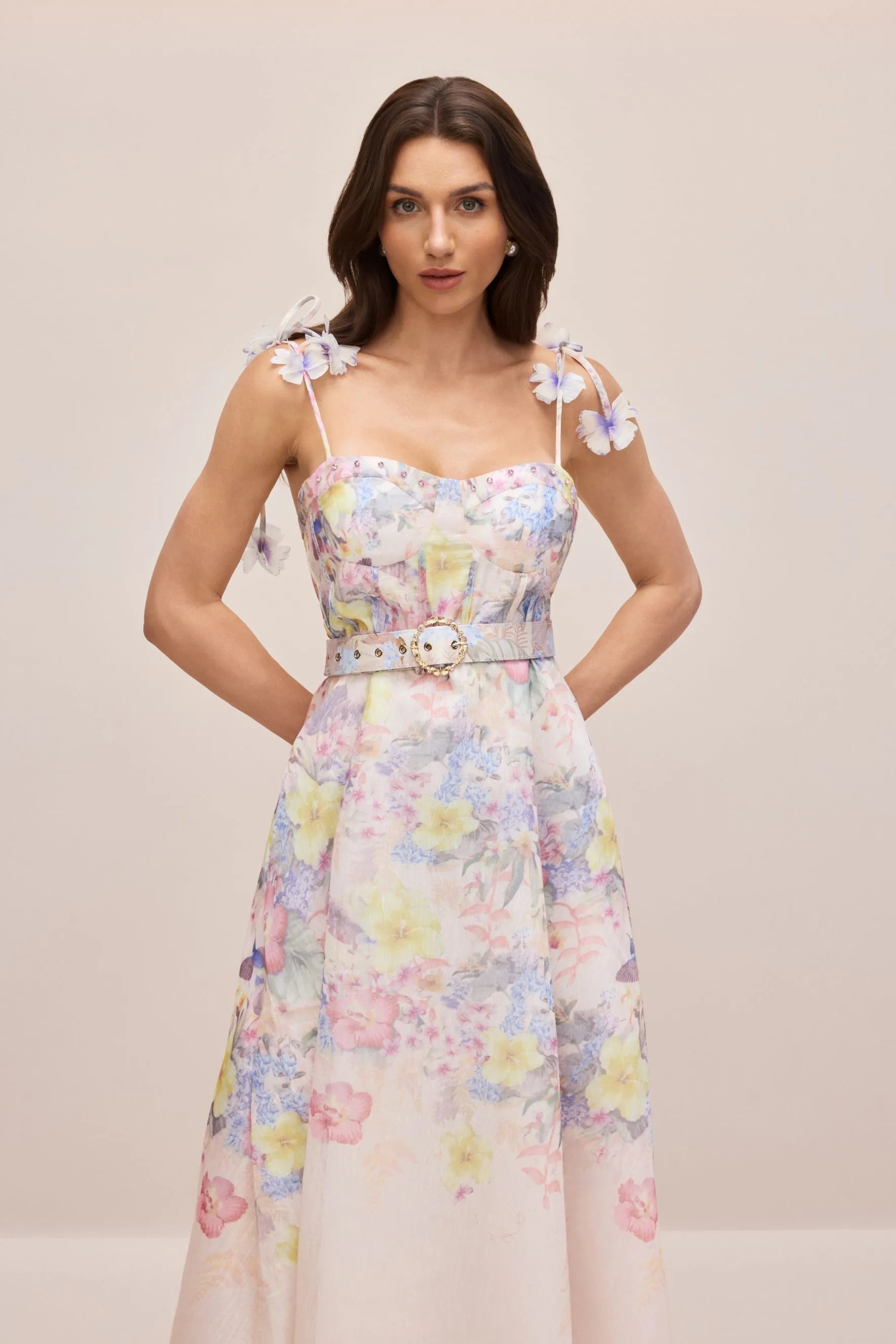 Floral Printed Strap Corset Maxi Dress