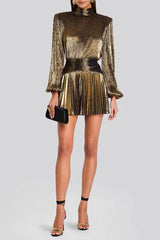 High-Necked Lantern Sleeve Mini Dress in Gold