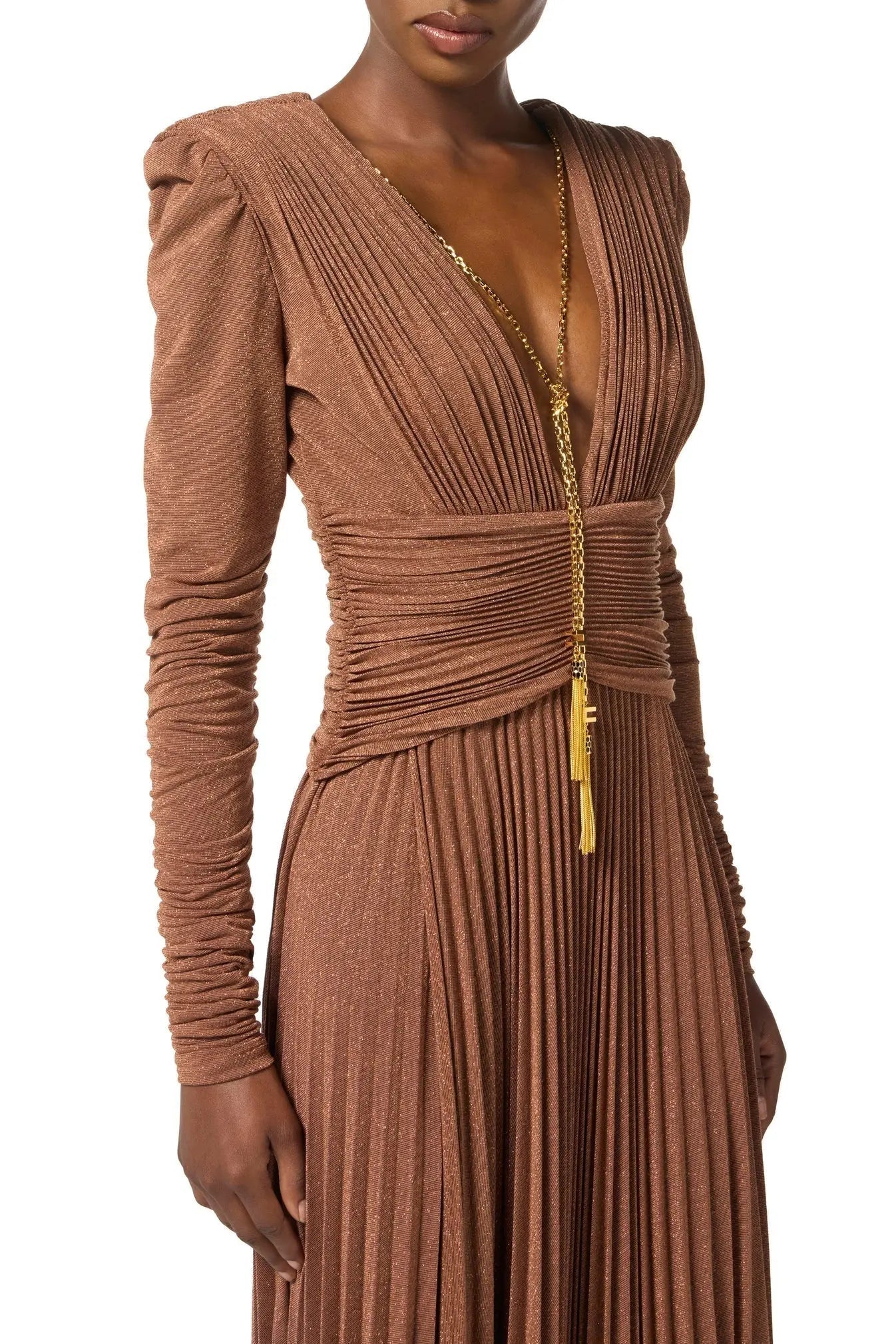 Deep V Puff Sleeve Maxi Dress in Brown