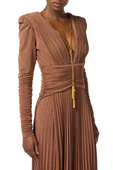 Deep V Puff Sleeve Maxi Dress in Brown