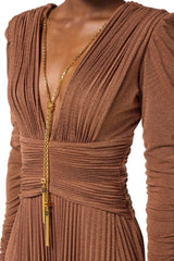Deep V Puff Sleeve Maxi Dress in Brown