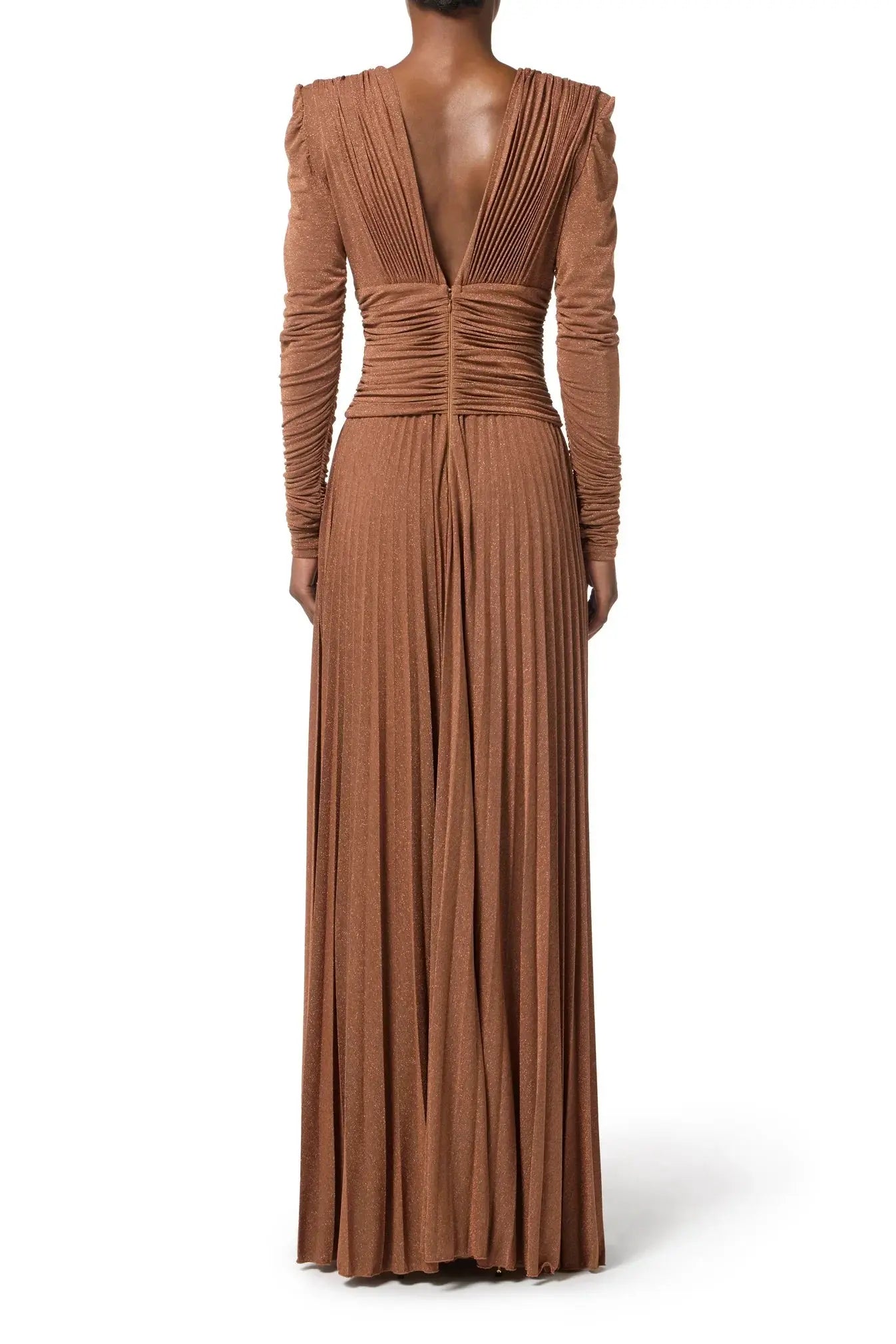 Deep V Puff Sleeve Maxi Dress in Brown
