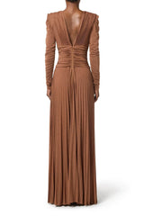 Deep V Puff Sleeve Maxi Dress in Brown