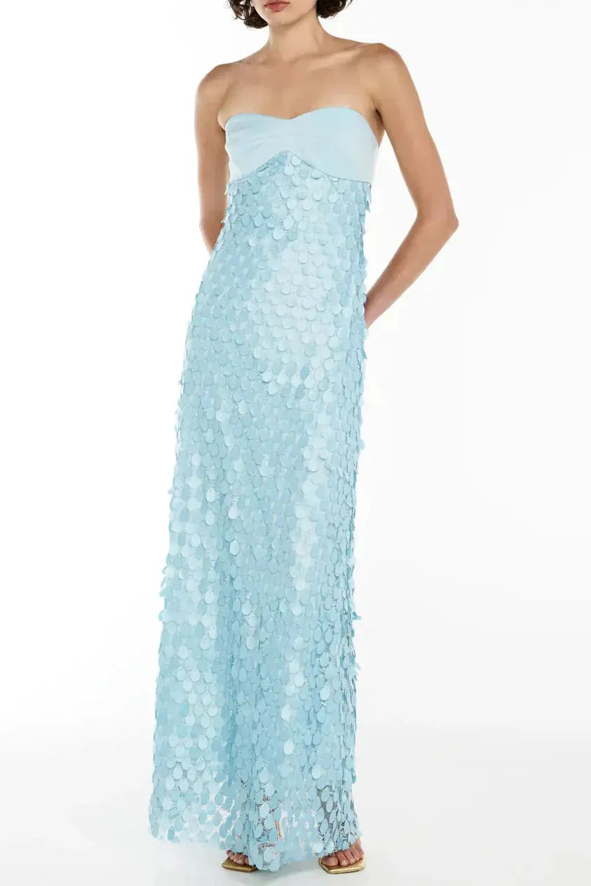 Lace Sequin Backless Maxi Dress in Blue