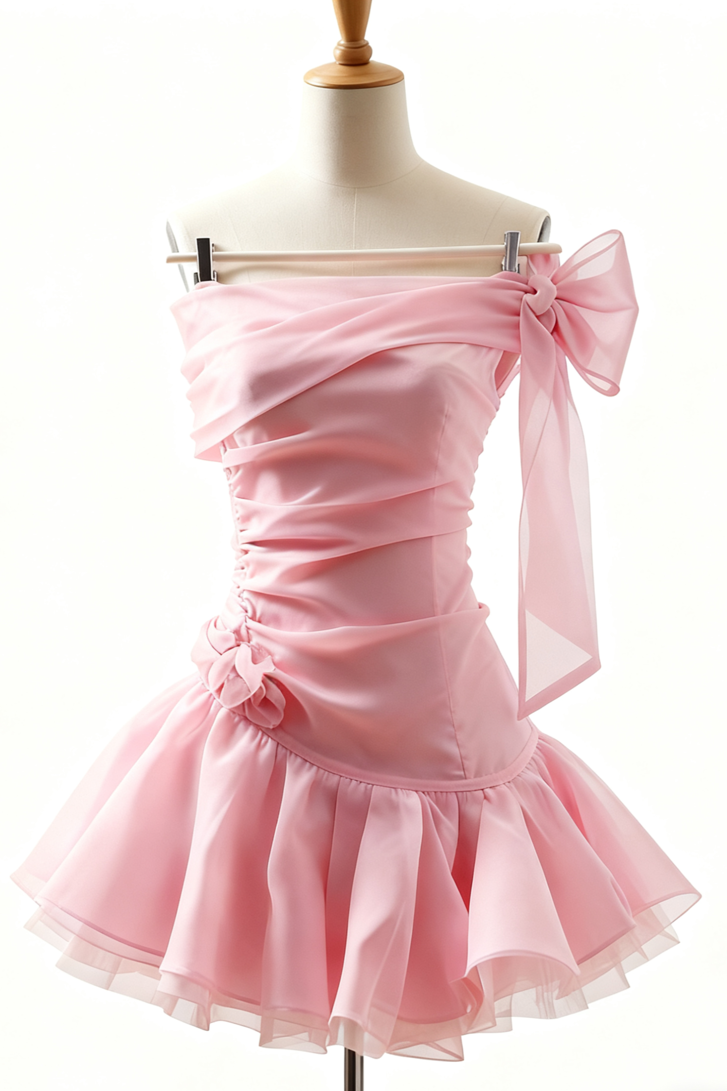 Off-Shoulder Mesh Mini Dress in Pink