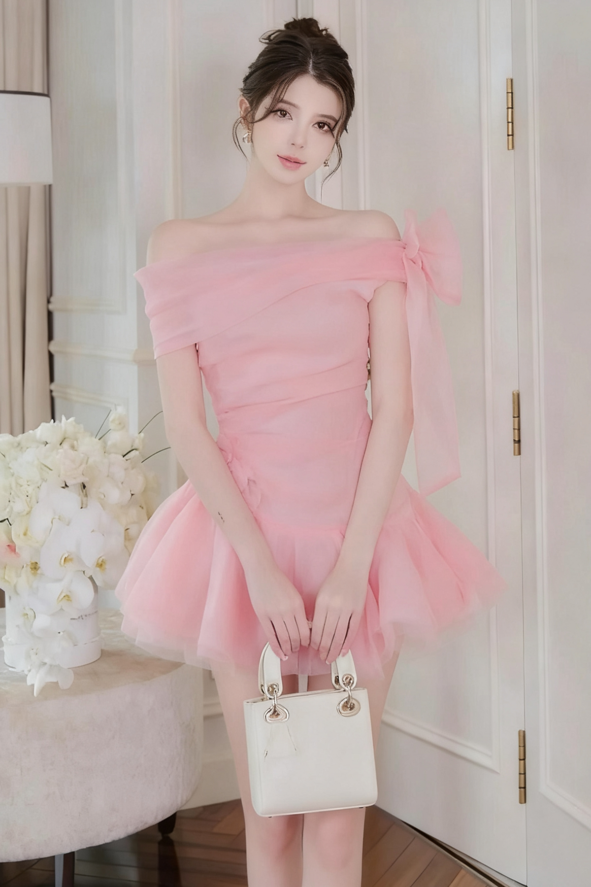 Off-Shoulder Mesh Mini Dress in Pink