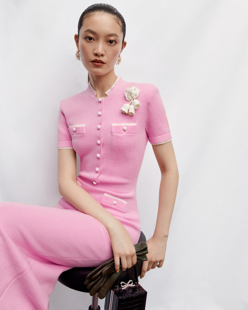 Pink Flower Knit Midi Dress