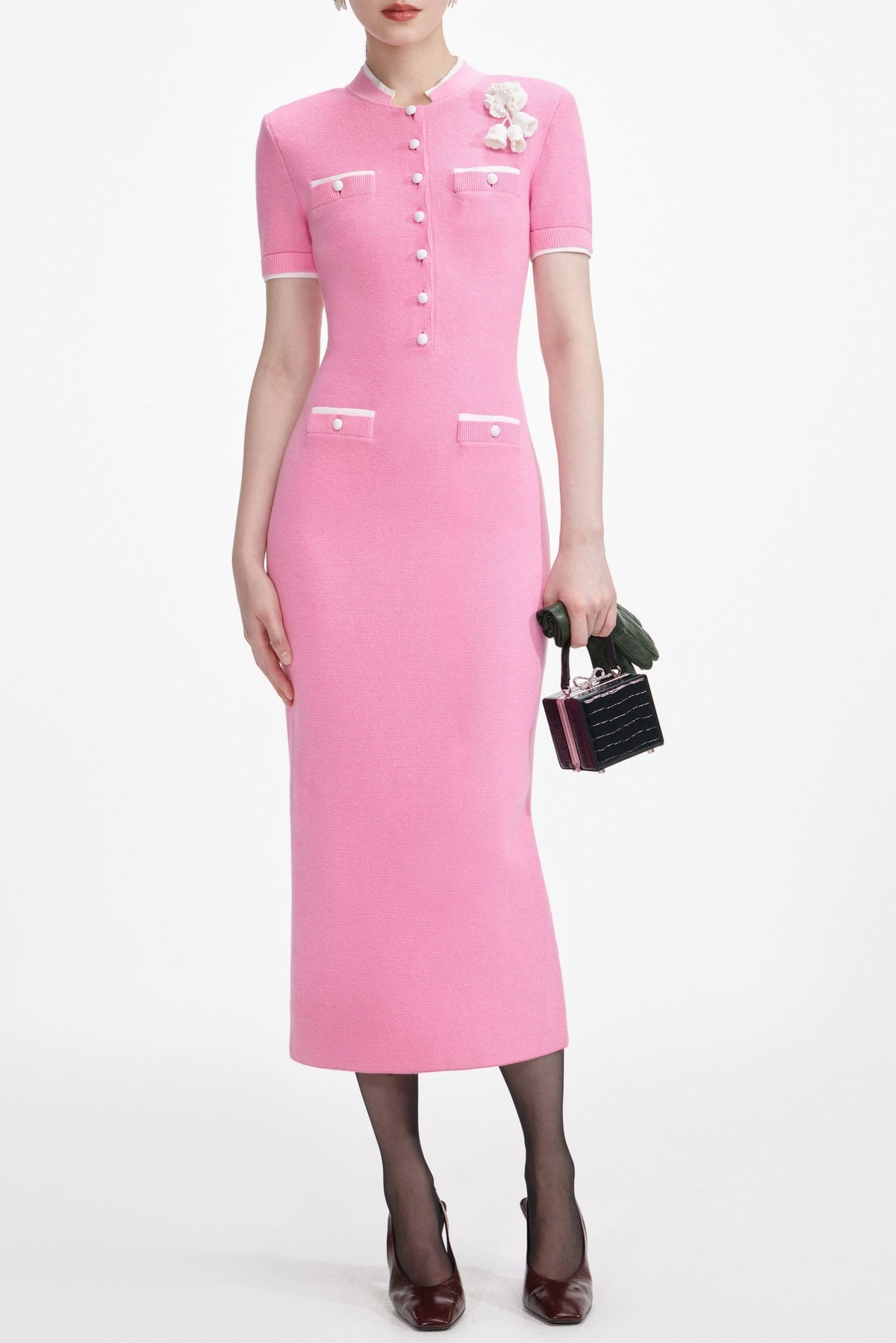 Pink Flower Knit Midi Dress