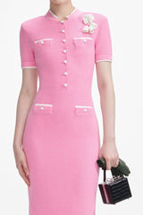 Pink Flower Knit Midi Dress