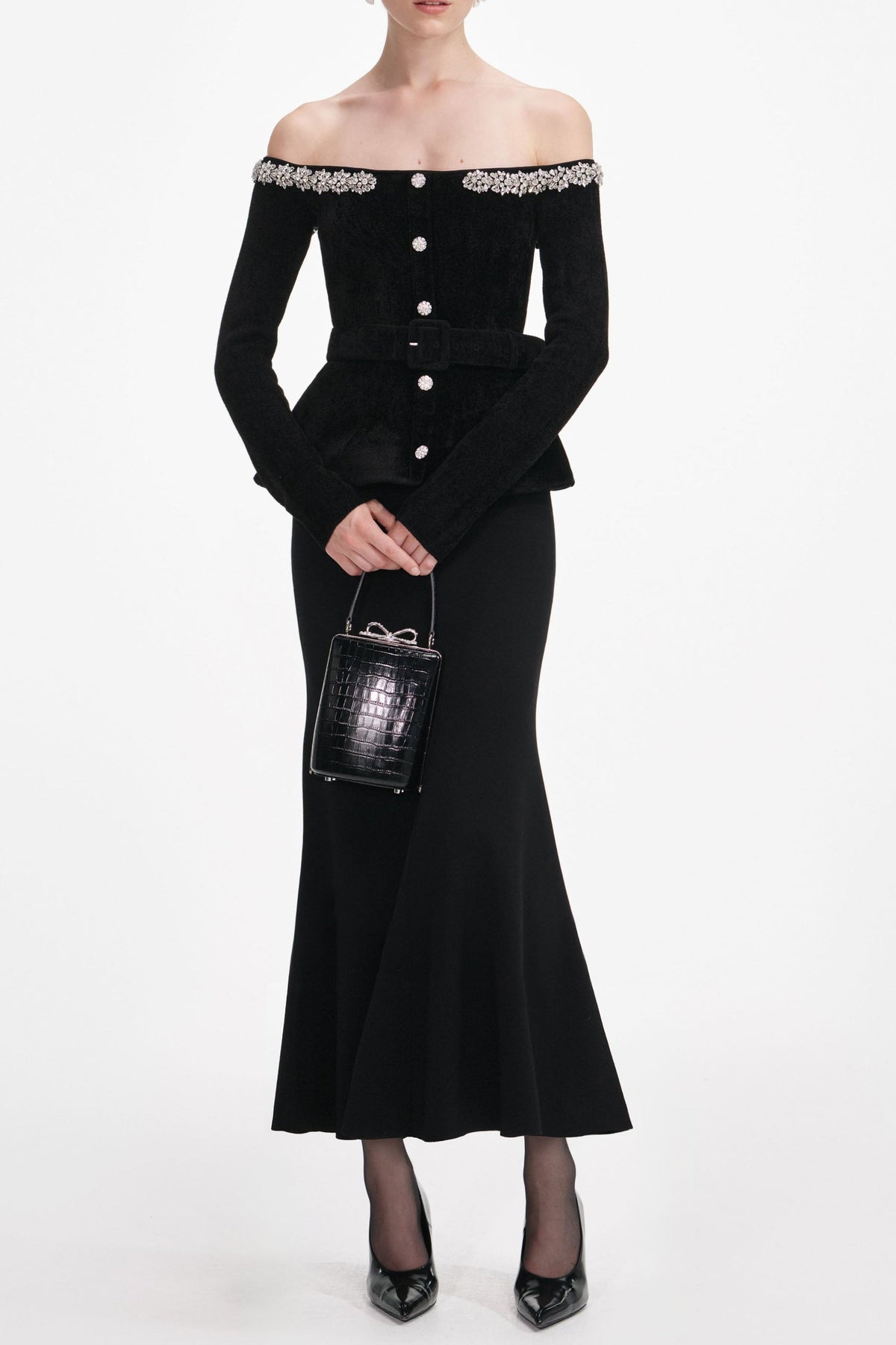 Black Knit Crystal Trim Midi Dress