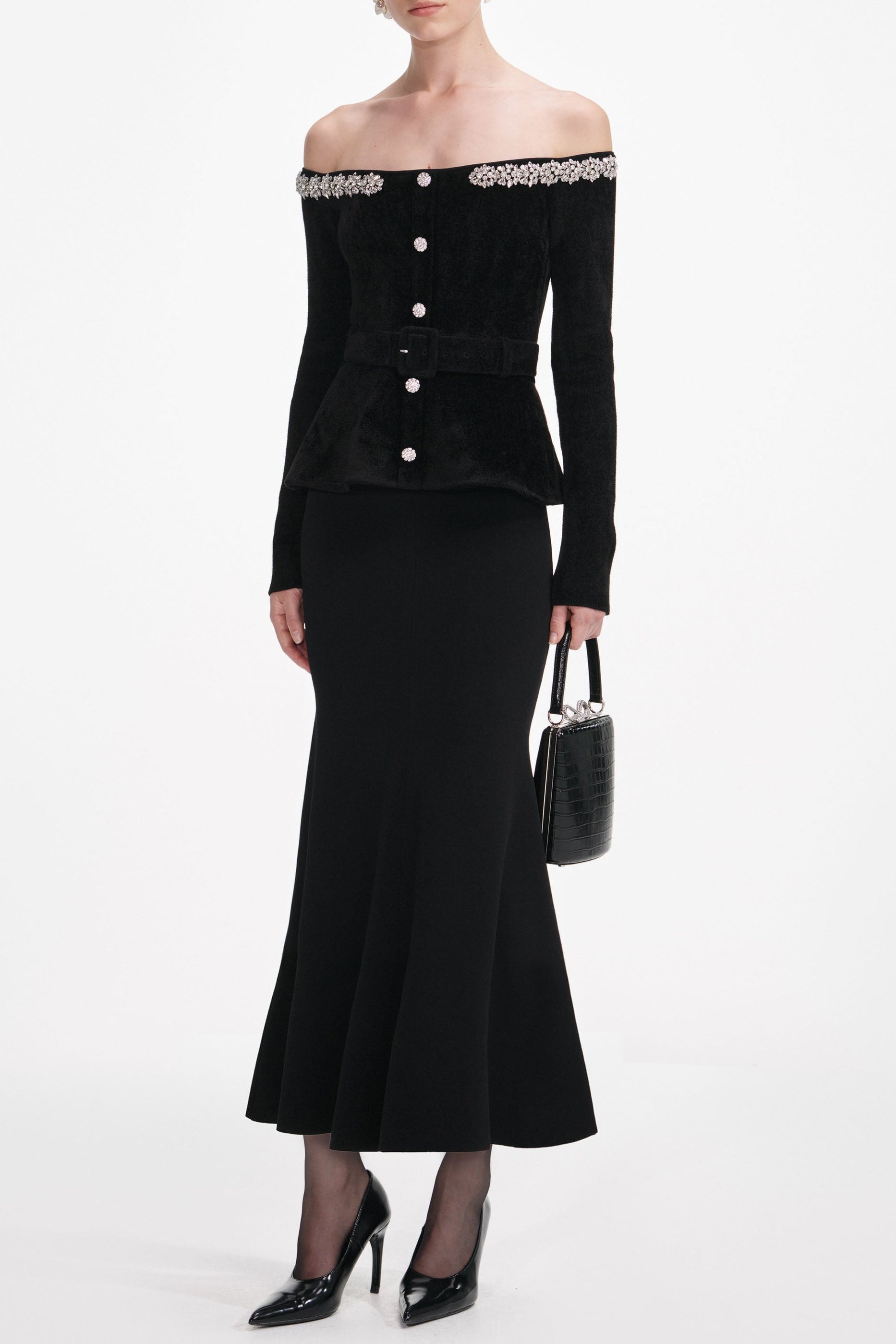 Black Knit Crystal Trim Midi Dress