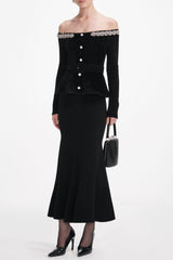 Black Knit Crystal Trim Midi Dress