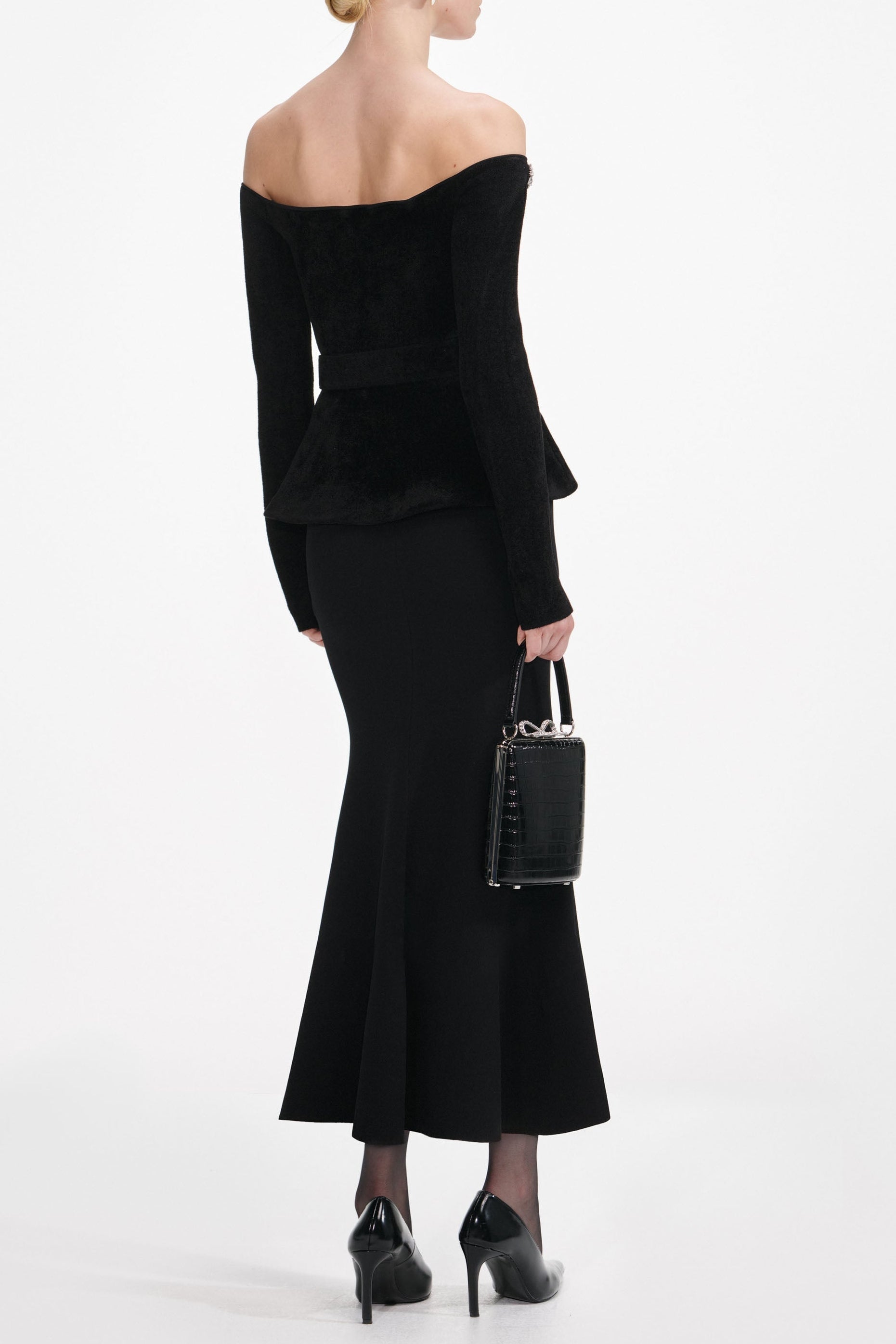 Black Knit Crystal Trim Midi Dress