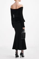 Black Knit Crystal Trim Midi Dress