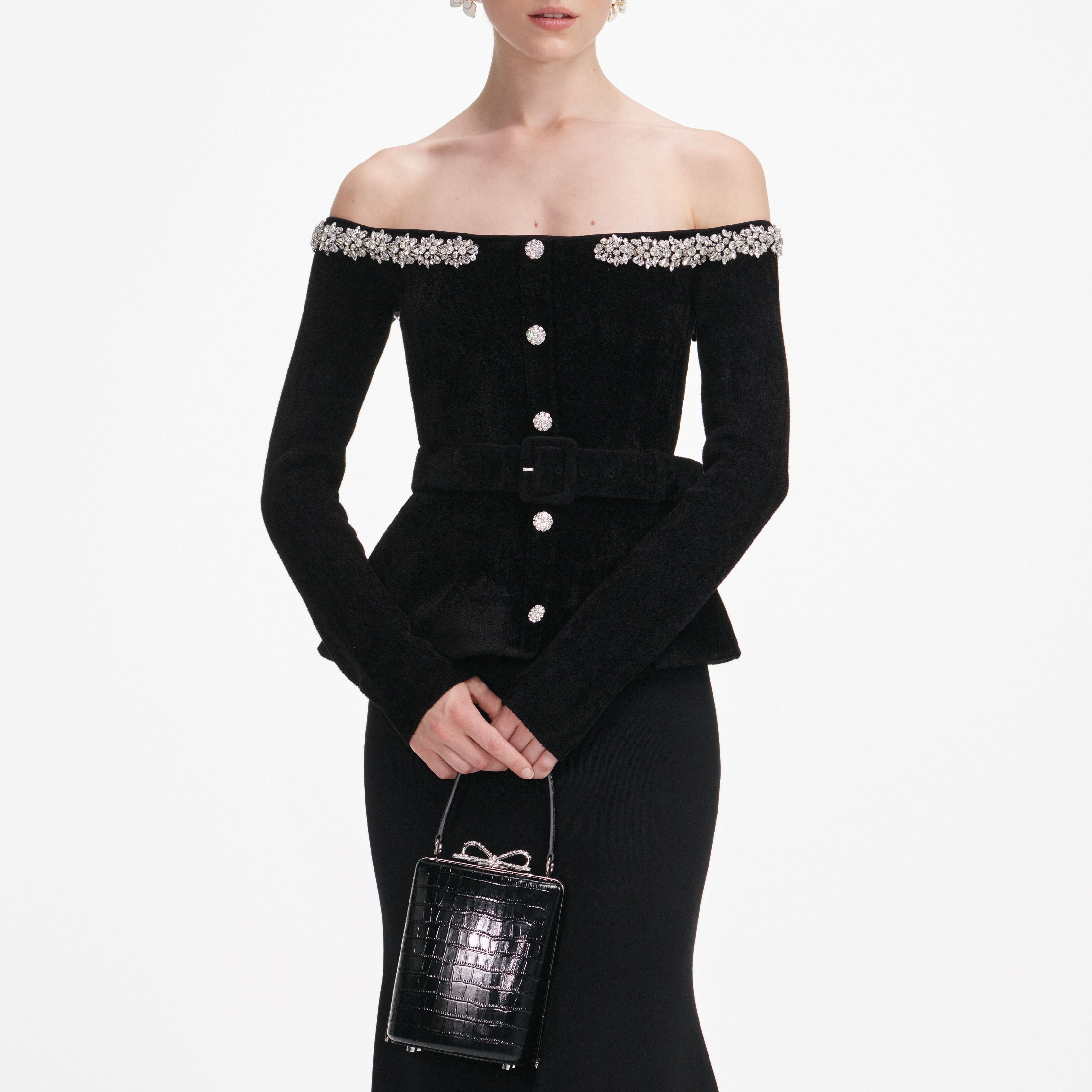 Black Knit Crystal Trim Midi Dress