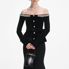Black Knit Crystal Trim Midi Dress