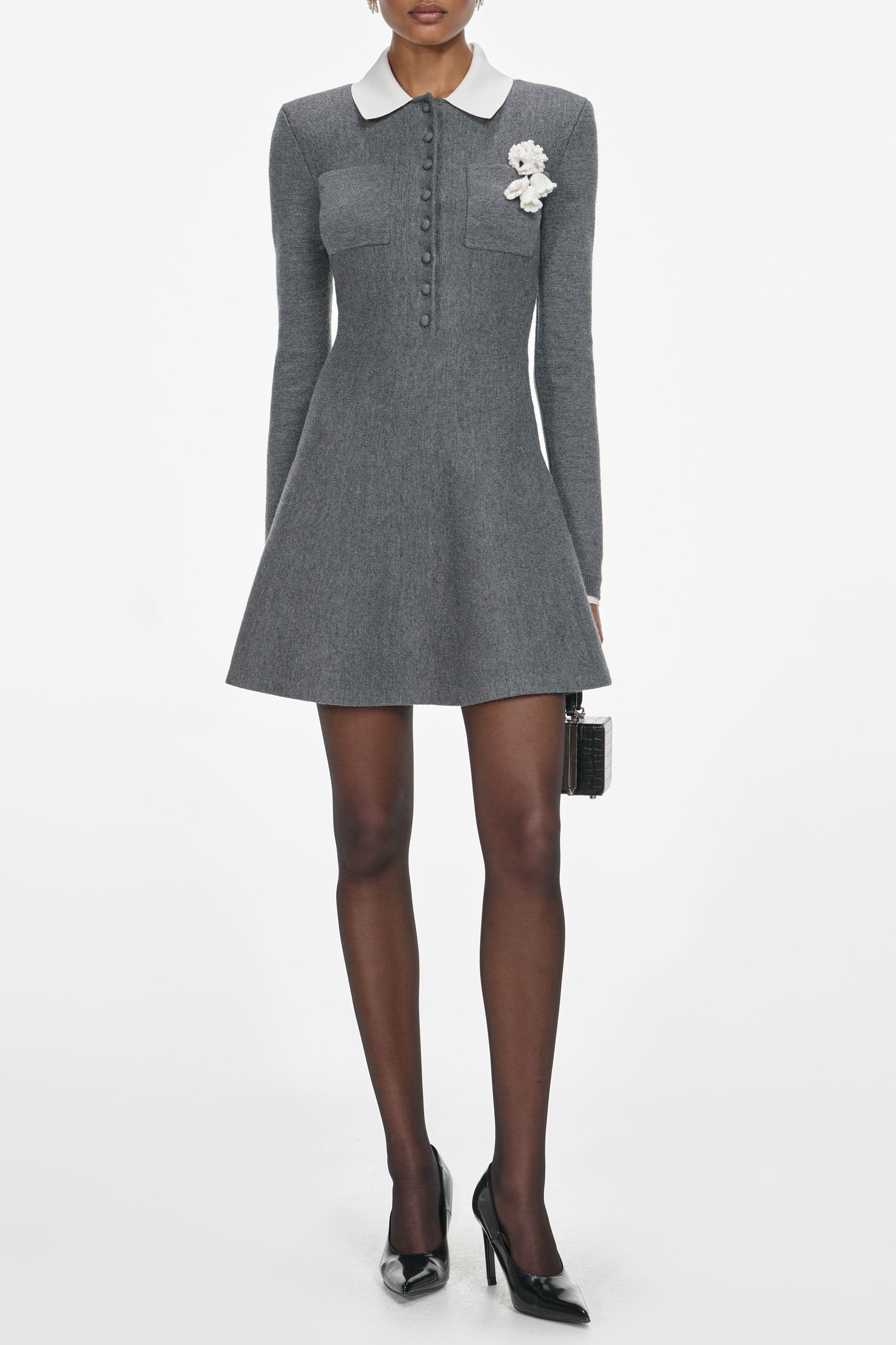 Grey Flower Collared Knit Mini Dress