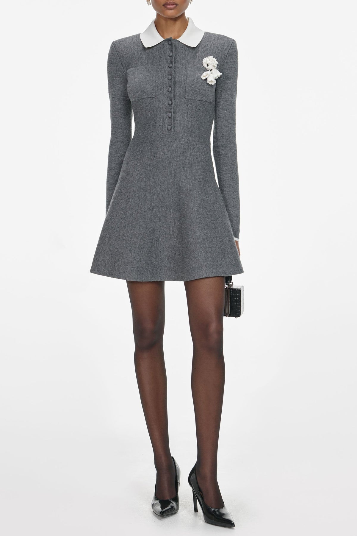 Grey Flower Collared Knit Mini Dress