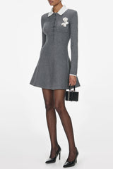 Grey Flower Collared Knit Mini Dress