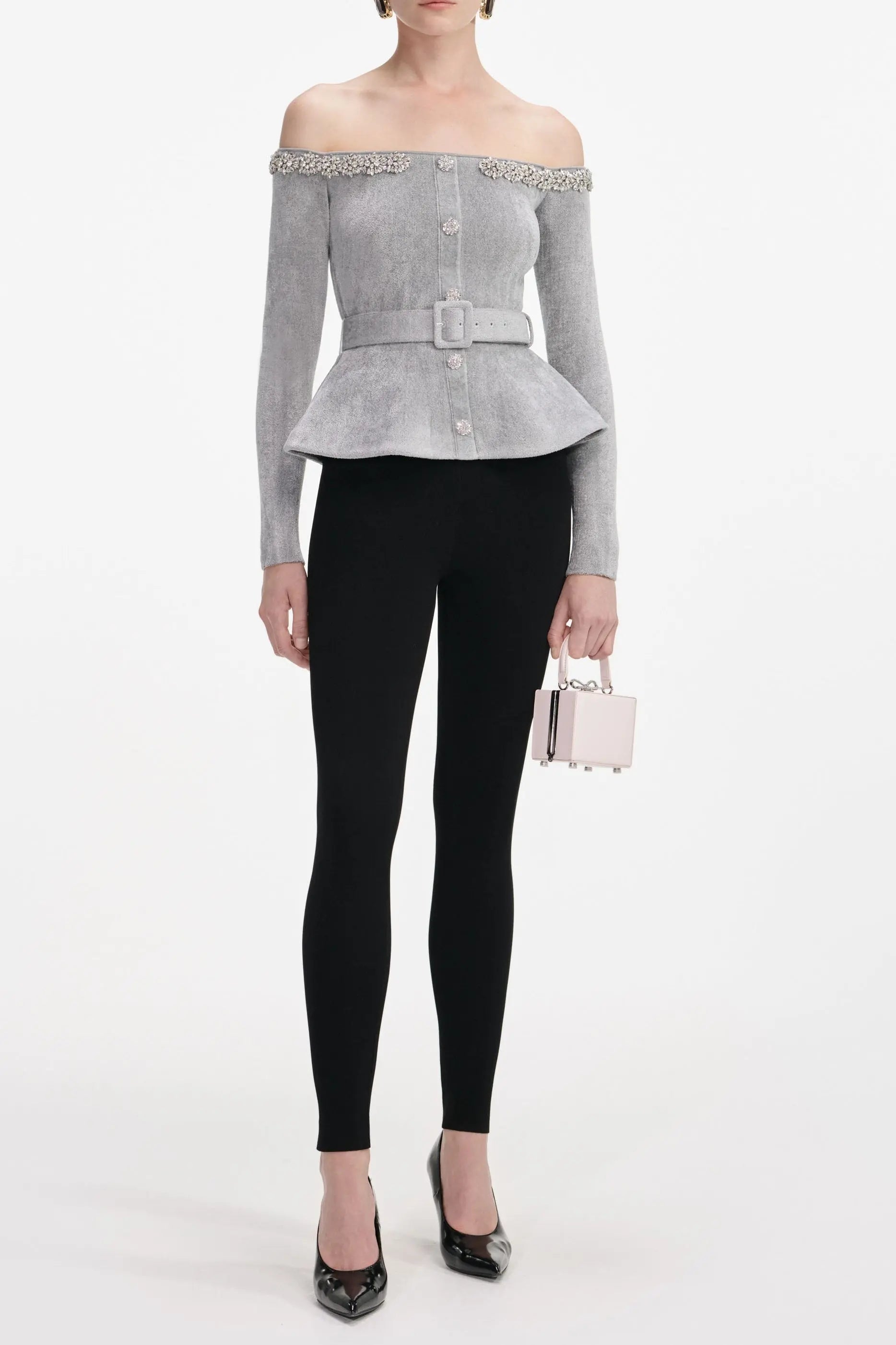 Grey Knit Crystal Trim Top
