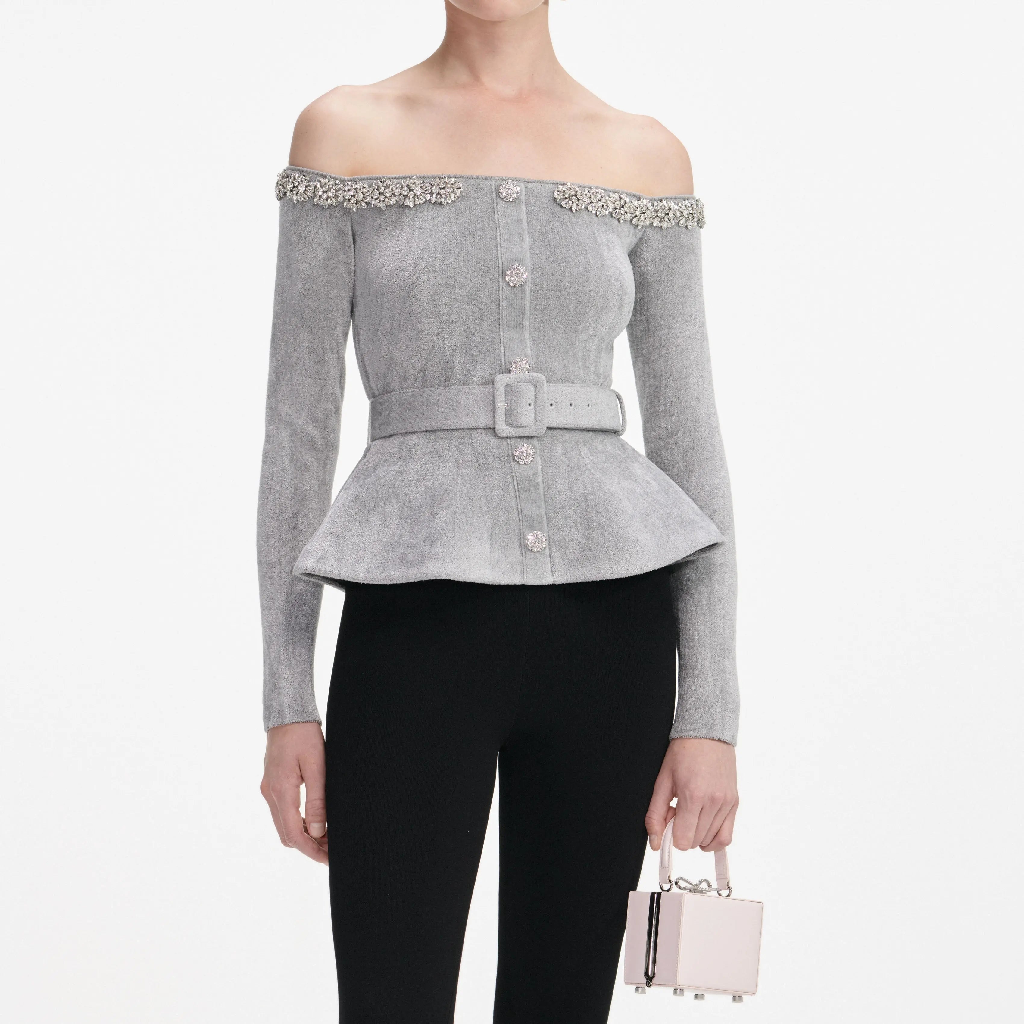 Grey Knit Crystal Trim Top