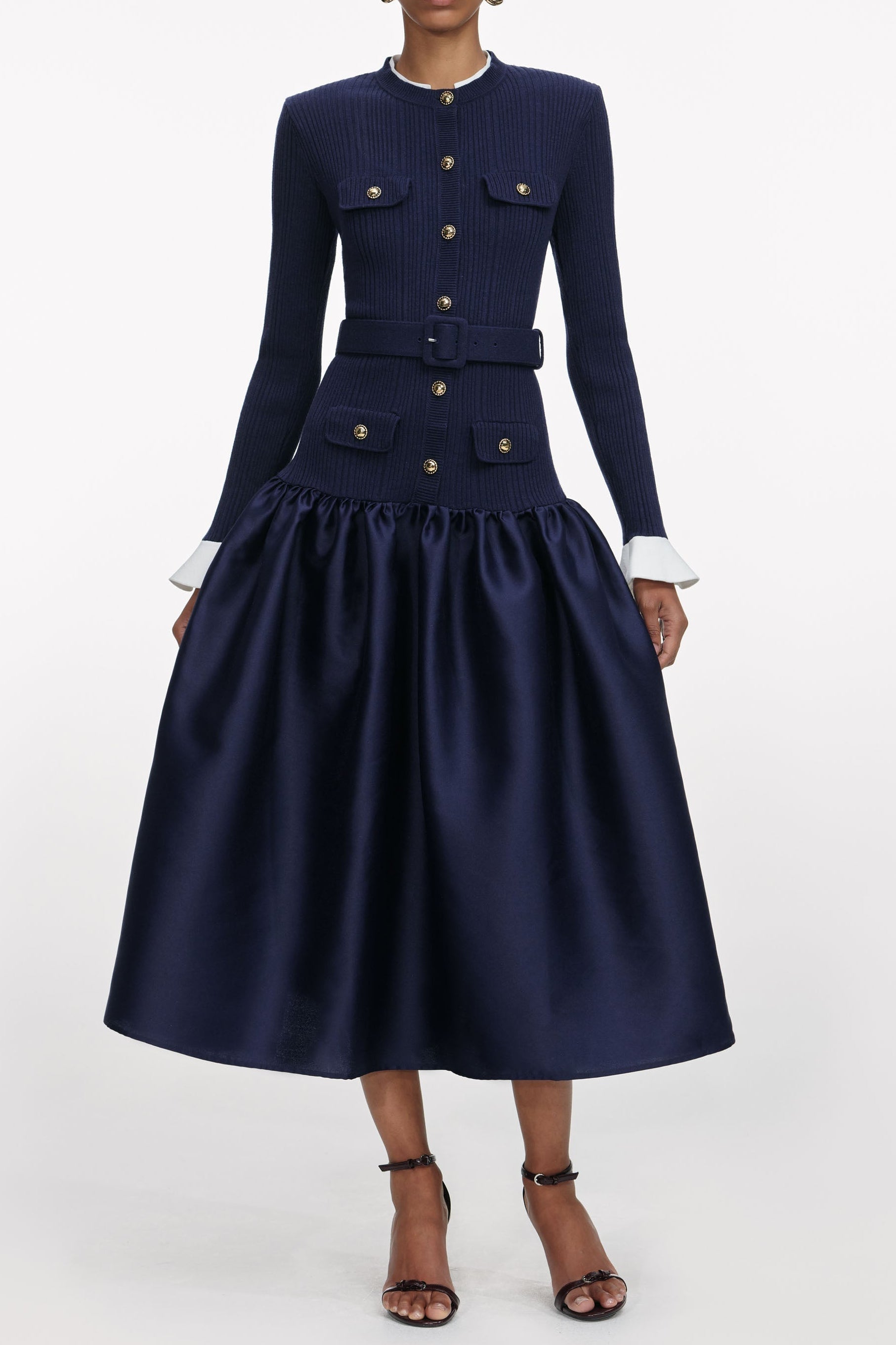 Navy Knit Taffeta Midi Dress