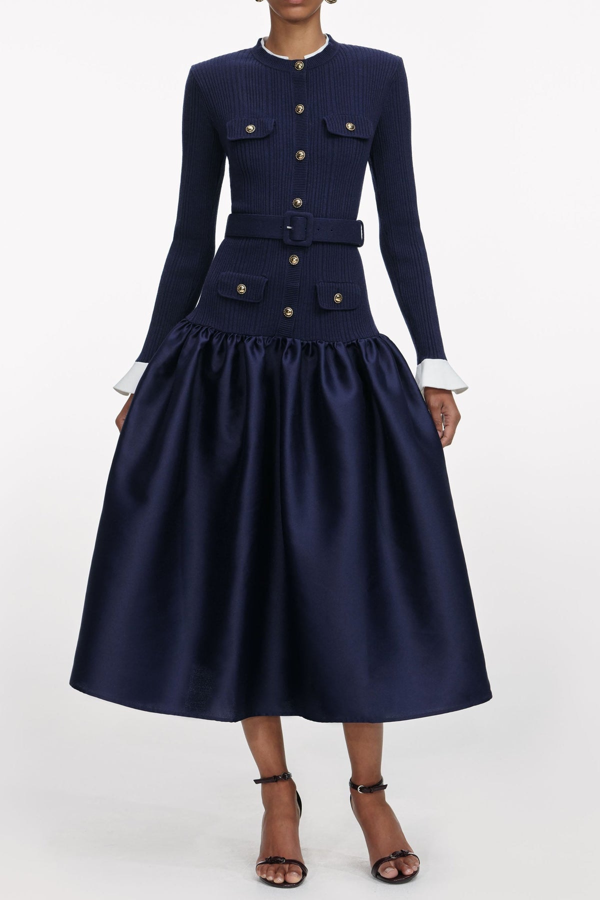 Navy Knit Taffeta Midi Dress