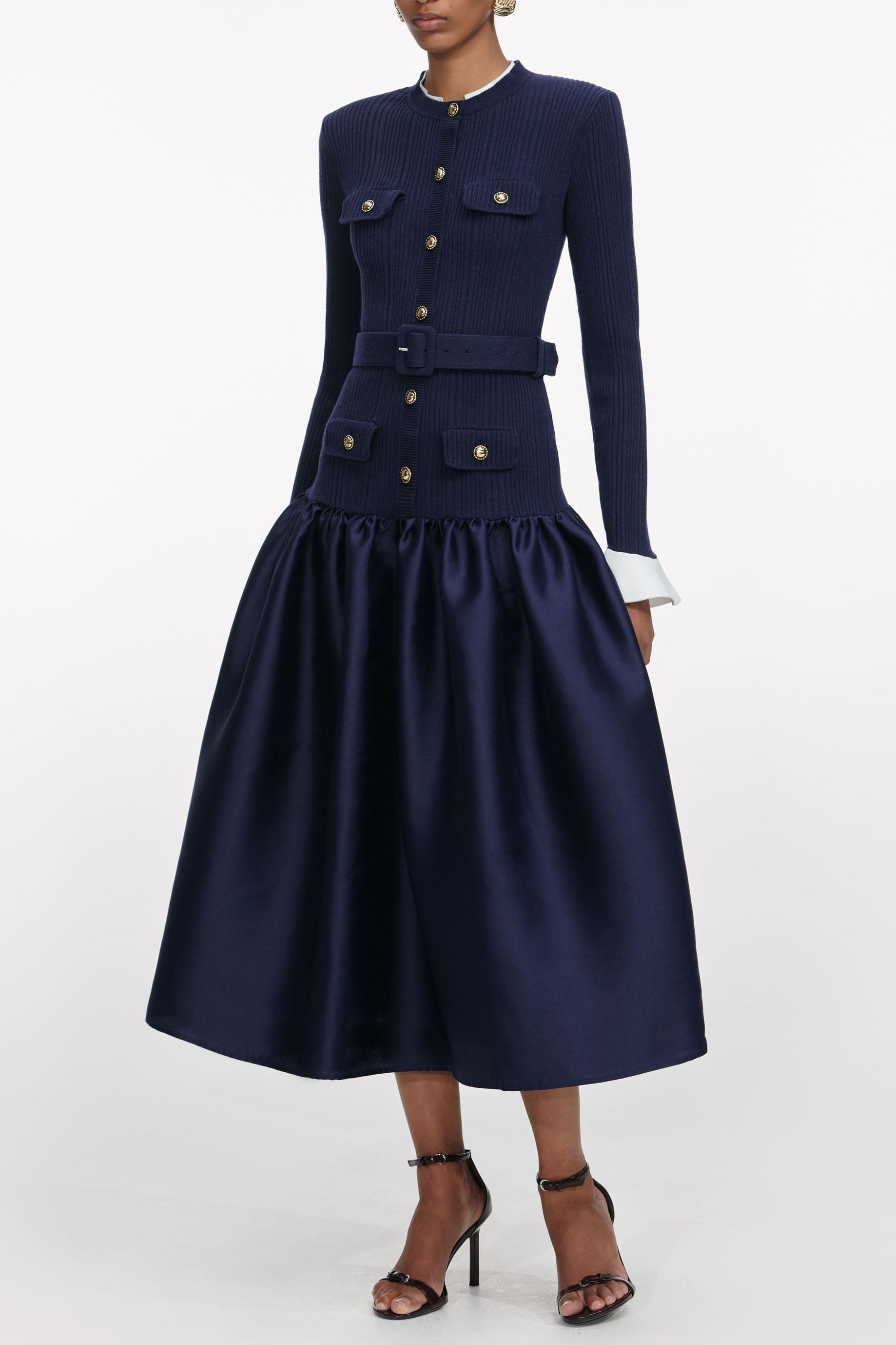 Navy Knit Taffeta Midi Dress