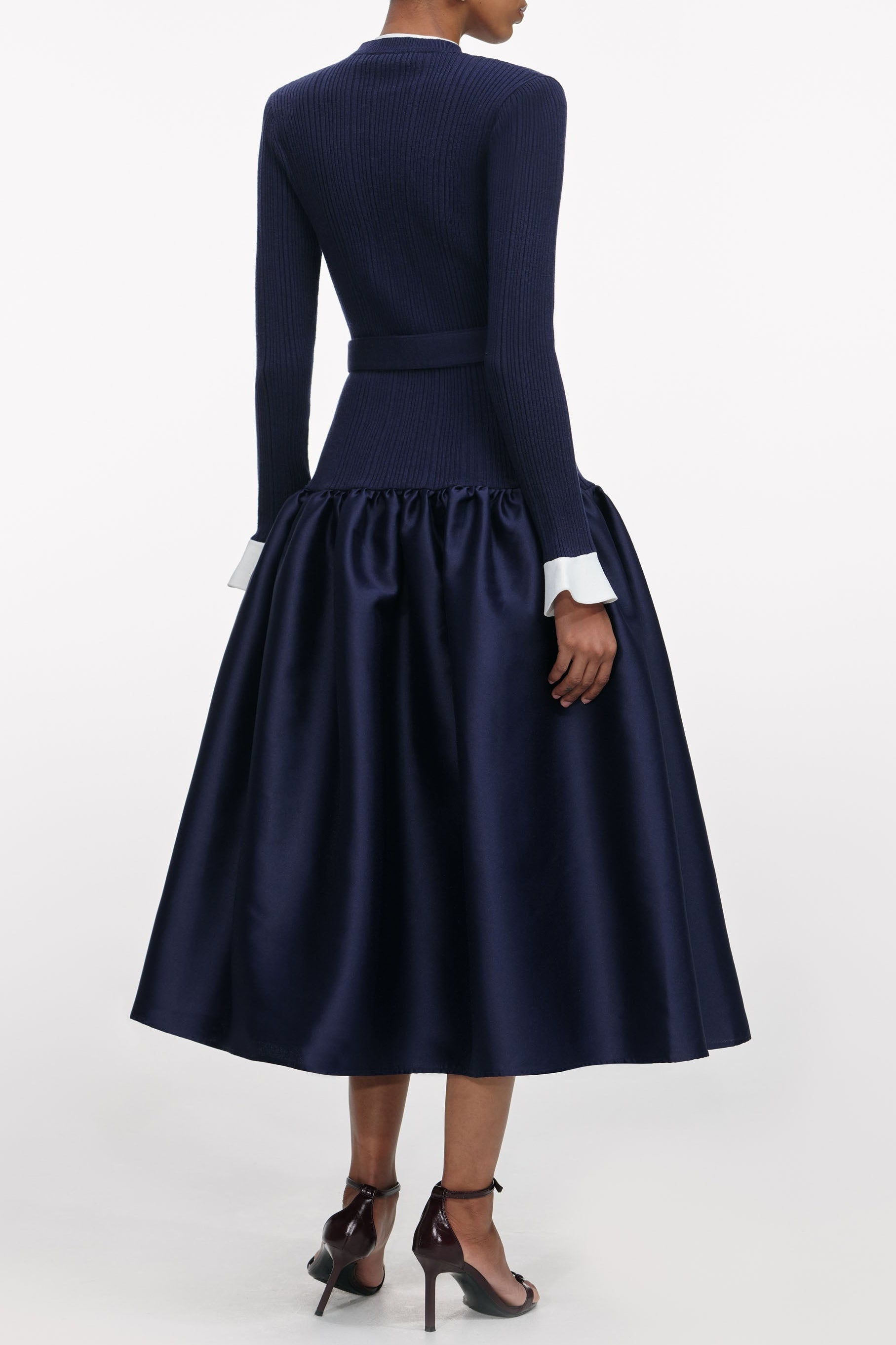Navy Knit Taffeta Midi Dress