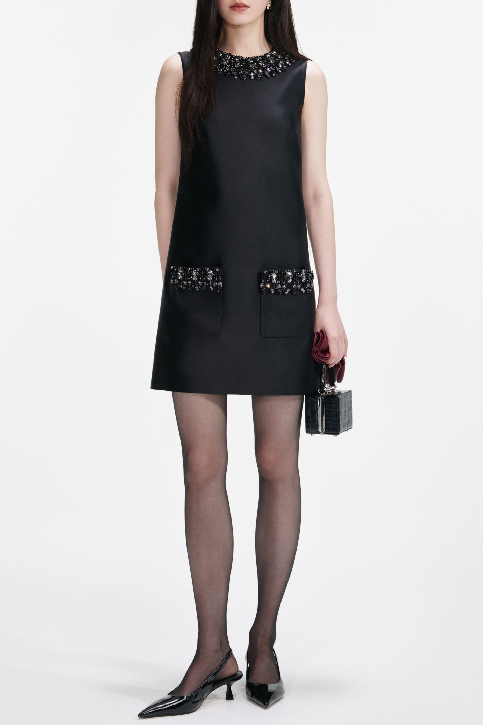 Black Taffeta Embellished Trim Mini Dress