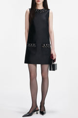 Black Taffeta Embellished Trim Mini Dress