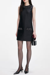 Black Taffeta Embellished Trim Mini Dress