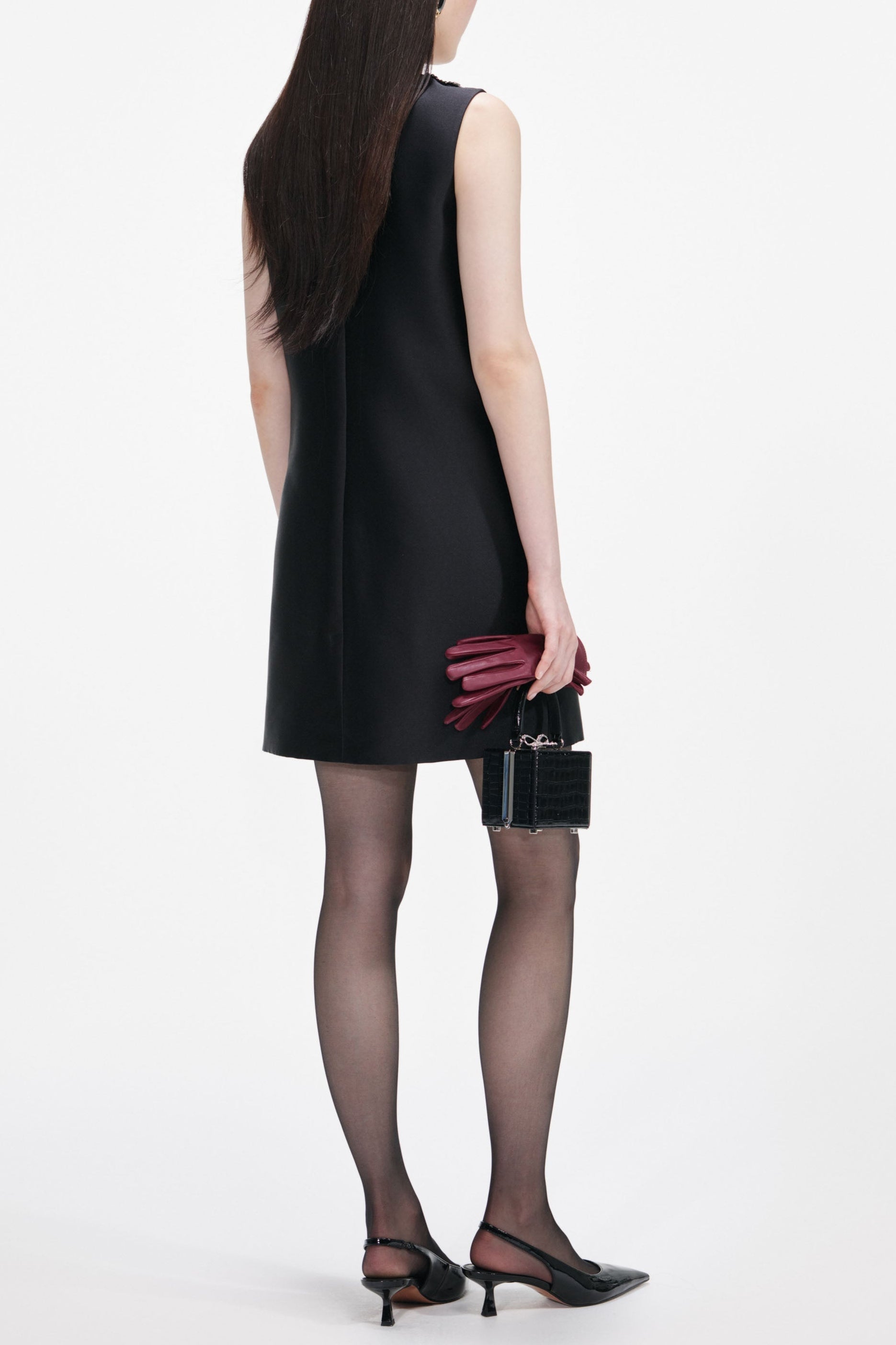 Black Taffeta Embellished Trim Mini Dress