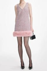 Pink Boucle Fur Hem Mini Dress