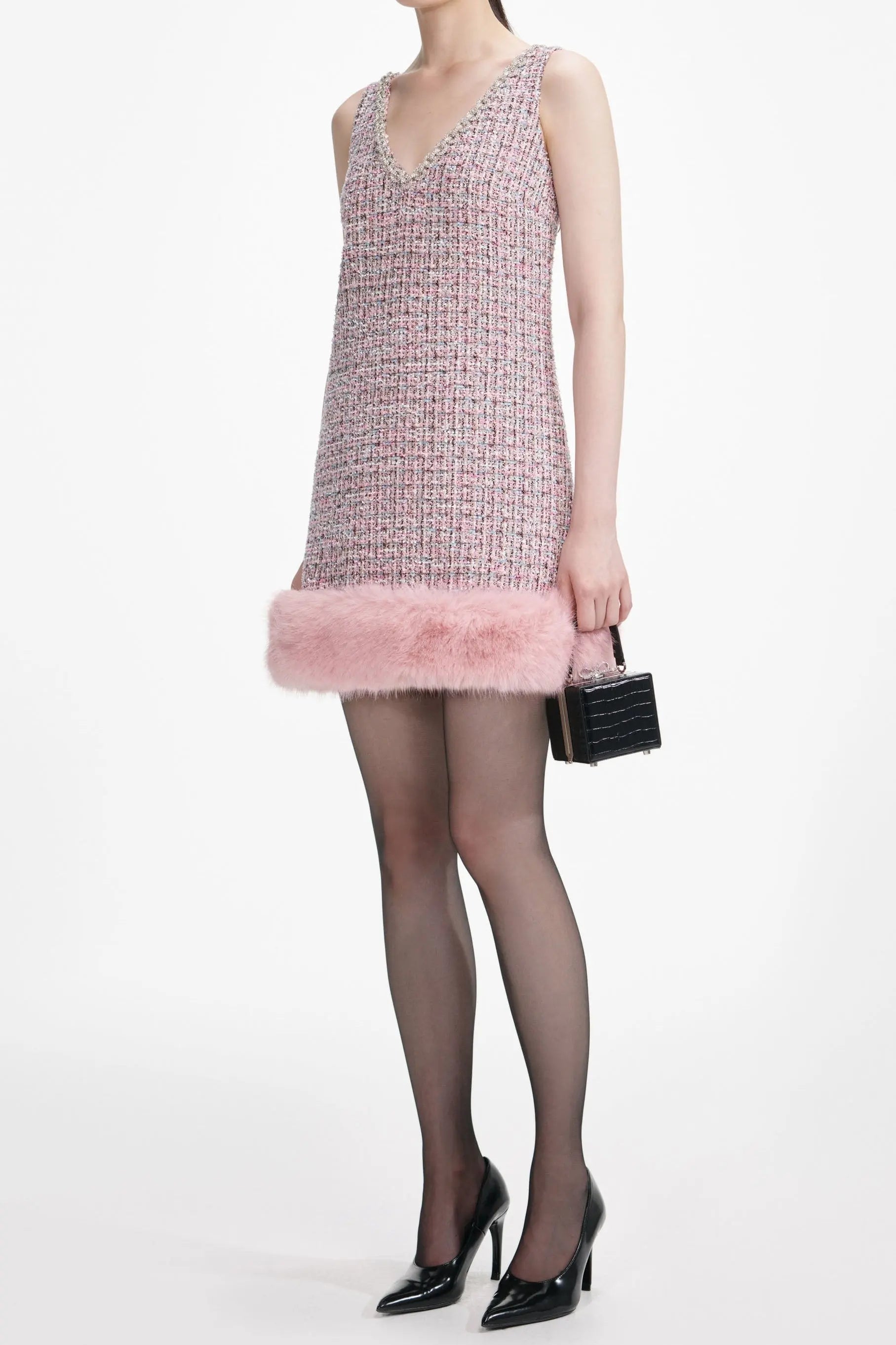 Pink Boucle Fur Hem Mini Dress